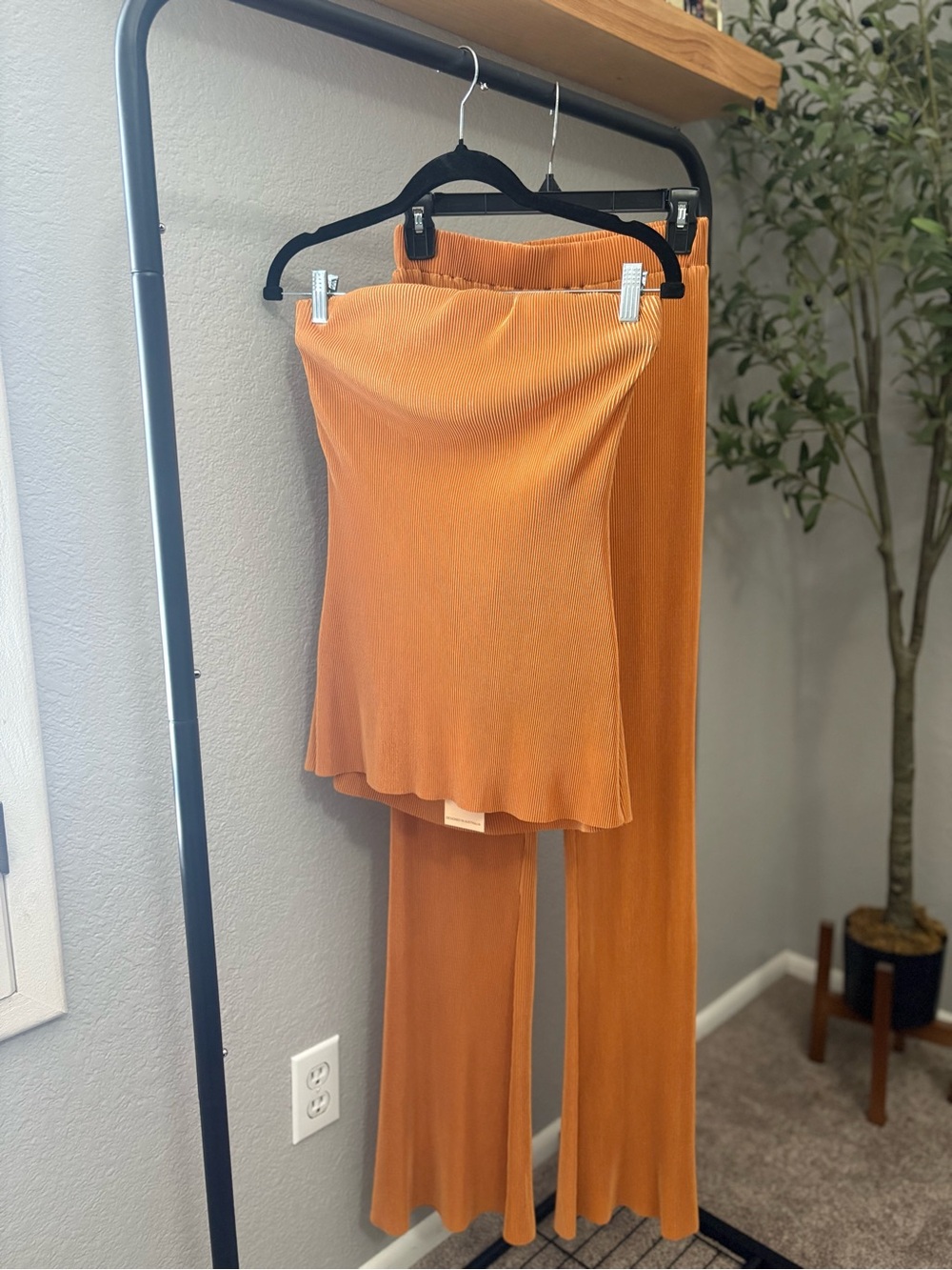 Hello Molly Ribbed Knit Orange Two-Piece Pants & Skirt Set